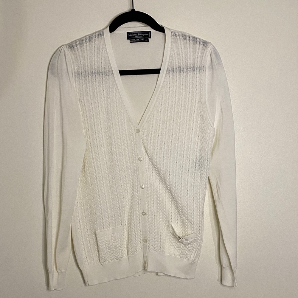 Salvatore Ferragamo White Cardigan Cable Knit VNeck Button Down Sweater XL
